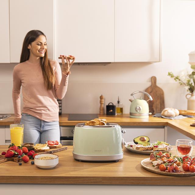 Cecotec Toast&Taste 800 Vintage Light Green. Tostadora Con 850 W Doble Ranura Corta Extra Anchas De 3 8 Cm 2 Tostadas Acabados En Acero Inoxidable Estilo Vintage 3 Funciones Verde Tostador Vertical