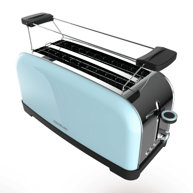 Cecotec Toastin' Time 1500 Blue Tostador Vertical De Acero Con Doble Ranura Larga 1500 W De Potencia Y Soporte Para Panecillos. Tostador Vertical