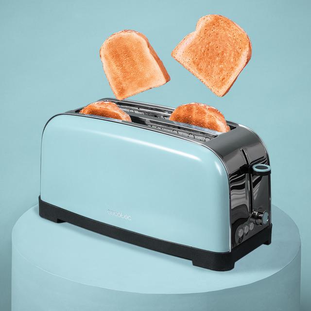 Cecotec Toastin' Time 1500 Blue Tostador Vertical De Acero Con Doble Ranura Larga 1500 W De Potencia Y Soporte Para Panecillos. Tostador Vertical