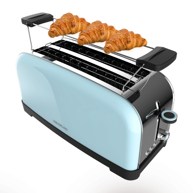 Cecotec Toastin' time 1500 Blue Tostador vertical de acero con doble ranura larga 1500 W de potencia y soporte para panecillos. Tostador vertical
