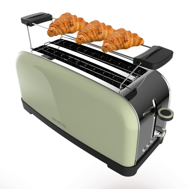 Cecotec Toastin' time 1500 Green Tostador vertical de acero con doble ranura larga 1500 W de potencia y soporte para panecillos.  Tostador vertical