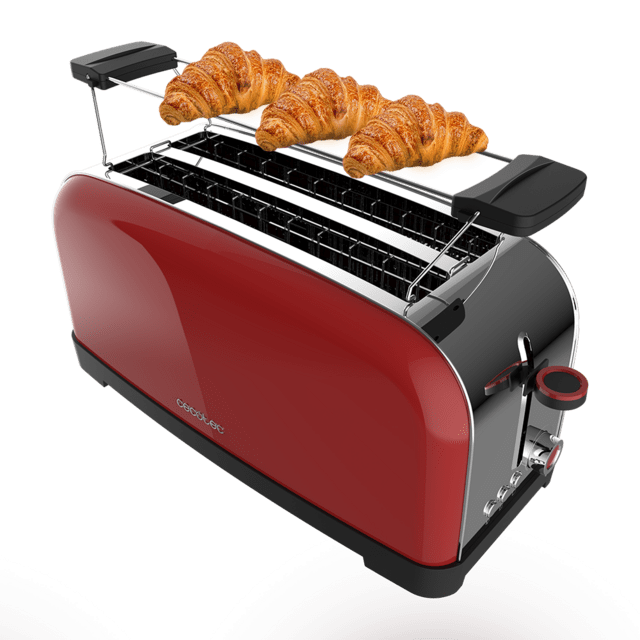 Cecotec Toastin' time 1500 Red Tostador vertical de acero con doble ranura larga 1500 W de potencia y soporte para panecillos. Tostador vertical 