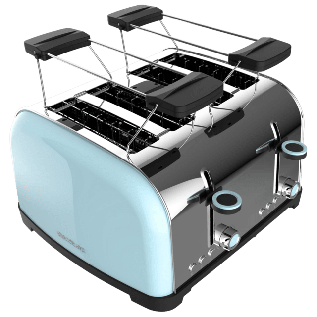 Cecotec Toastin' Time 1700 Double Blue Tostador Vertical De Acero Con Cuatro Ranuras Cortas 1700 W De Potencia Y Soporte Para Panecillos.  Tostador Vertical 