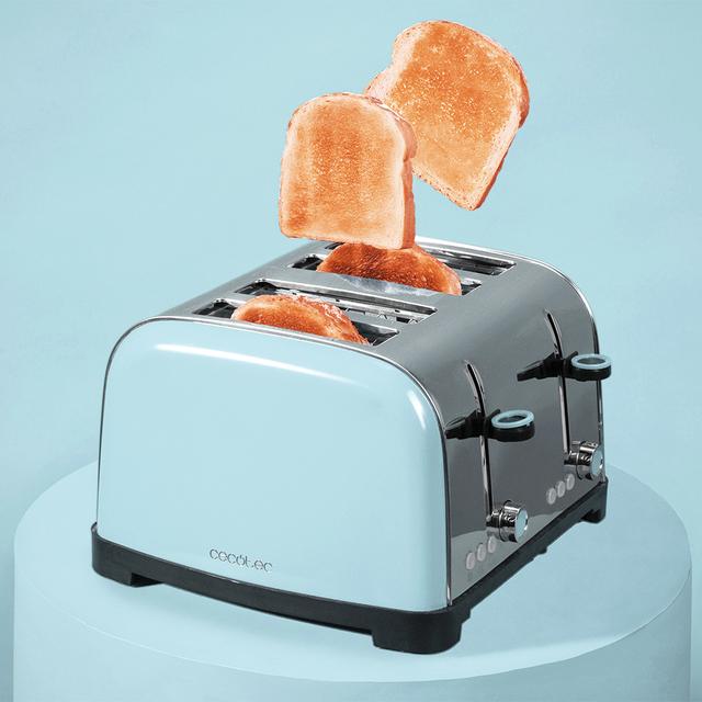 Cecotec Toastin' Time 1700 Double Blue Tostador Vertical De Acero Con Cuatro Ranuras Cortas 1700 W De Potencia Y Soporte Para Panecillos.  Tostador Vertical 