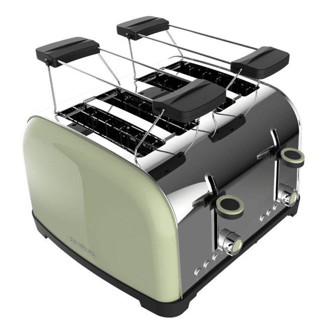 Cecotec Toastin' Time 1700 Double Green Tostador Vertical De Acero Con Cuatro Ranuras Cortas 1700 W De Potencia Y Soporte Para Panecillos.  Tostador Vertical