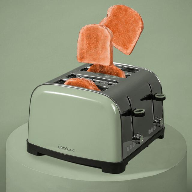 Cecotec Toastin' Time 1700 Double Green Tostador Vertical De Acero Con Cuatro Ranuras Cortas 1700 W De Potencia Y Soporte Para Panecillos.  Tostador Vertical