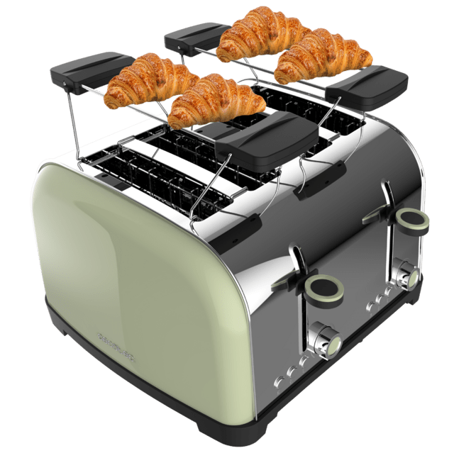 Cecotec Toastin' time 1700 Double Green Tostador vertical de acero con cuatro ranuras cortas 1700 W de potencia y soporte para panecillos.  Tostador vertical