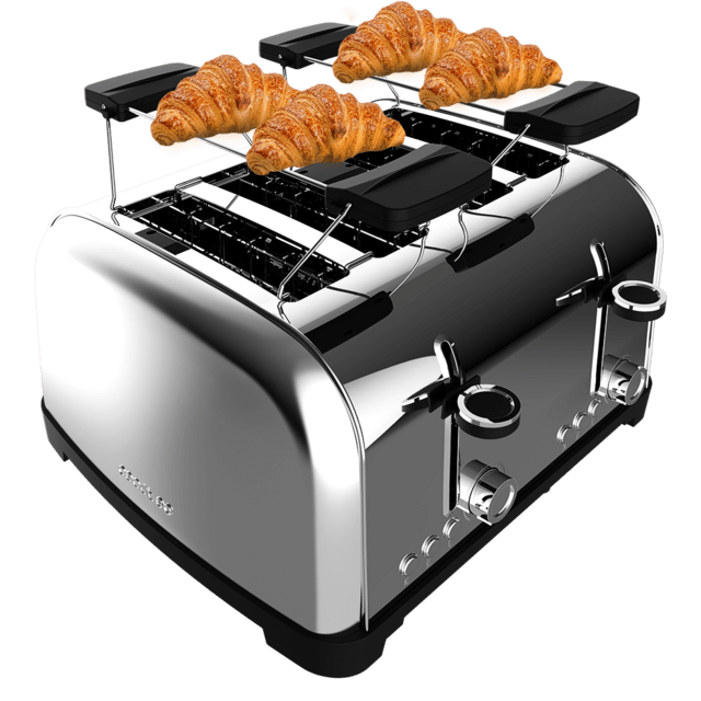 Cecotec Toastin' Time 1700 Double Inox Tostador Vertical De Acero Con Cuatro Ranuras Cortas 1700 W De Potencia Y Soporte Para Panecillos. Tostador Vertical 