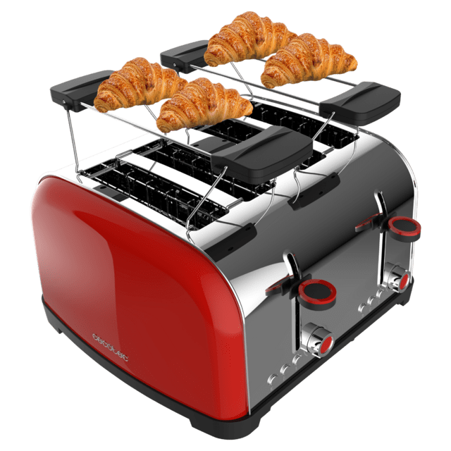 Cecotec Toastin' Time 1700 Double Red Tostador Vertical De Acero Con Cuatro Ranuras Cortas 1700 W De Potencia Y Soporte Para Panecillos.  Tostador Vertical