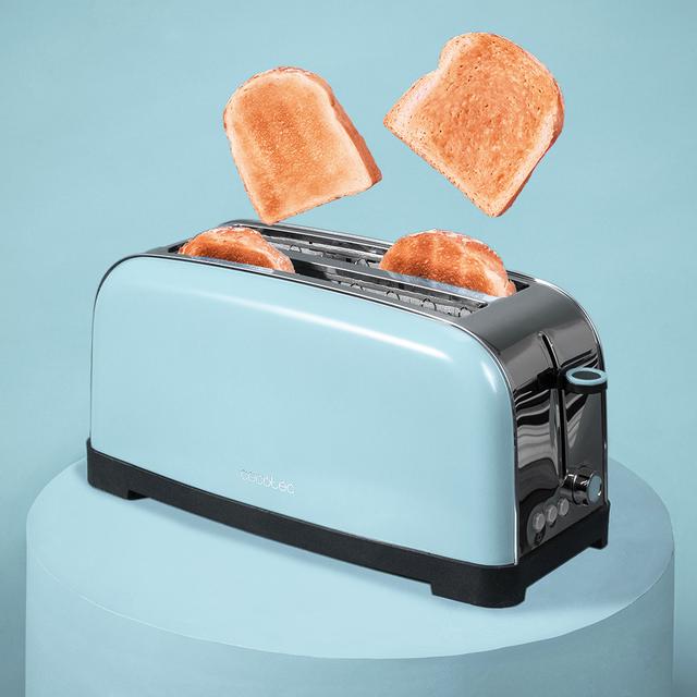 Cecotec Toastin' Time 850 Blue Long Tostador Vertical De Acero Con Una Ranura Larga 850 W De Potencia Y Soporte Para Panecillos. Tostador Vertical 