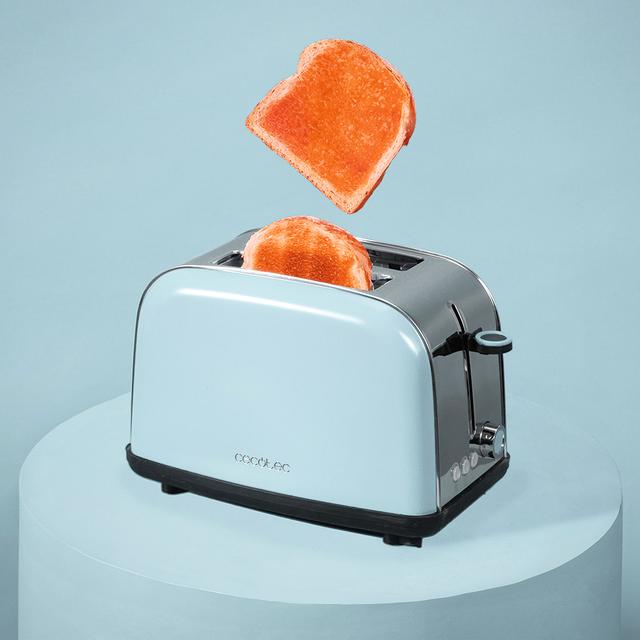 Cecotec Toastin' Time 850 Blue Tostador Vertical De Acero Con Doble Ranura Corta 850 W De Potencia Y Soporte Para Panecillos. Tostador Vertical 