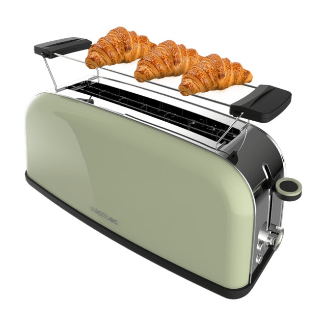 Cecotec Toastin' time 850 Green Long Tostador vertical de acero con una ranura larga 850 W de potencia y soporte para panecillos.  Tostador vertical 