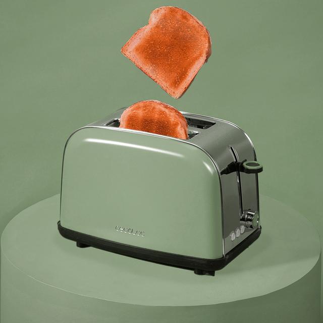 Cecotec Toastin' Time 850 Green Tostador Vertical De Acero Con Doble Ranura Corta 850 W De Potencia Y Soporte Para Panecillos. Tostador Vertical