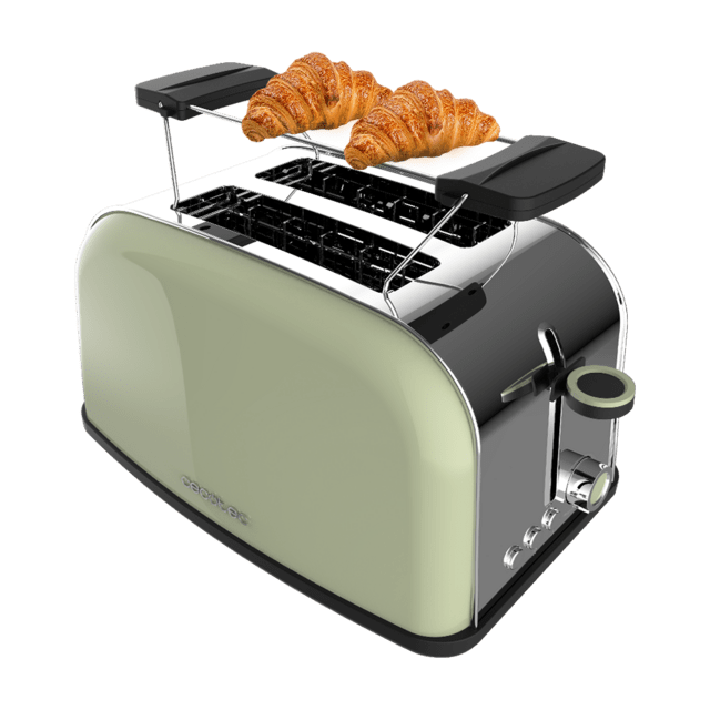 Cecotec Toastin' time 850 Green Tostador vertical de acero con doble ranura corta 850 W de potencia y soporte para panecillos. Tostador vertical