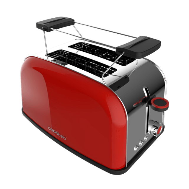Cecotec Toastin' Time 850 Red Tostador Vertical De Acero Con Doble Ranura Corta 850 W De Potencia Y Soporte Para Panecillos.  Tostador Vertical