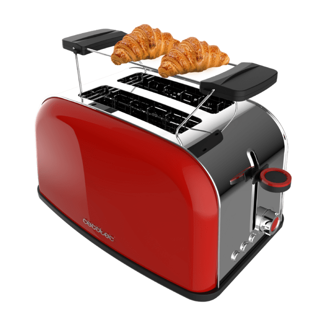 Cecotec Toastin' time 850 Red Tostador vertical de acero con doble ranura corta 850 W de potencia y soporte para panecillos.  Tostador vertical