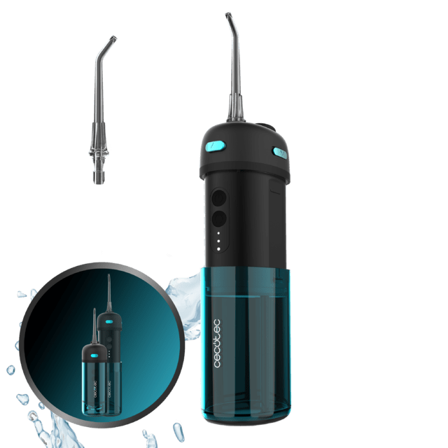 Cecotec ToothCare Jet Splash Irrigador compacto y ligero de viaje con 3 modos y hasta 8 intensidades con 150 ml de capacidad y con 2 boquillas intercambiables. Irrigador compacto