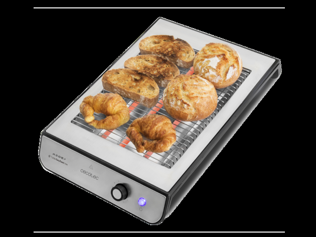 Cecotec Turbo Easy Toast Inox. Tostador Plano Horizontal con 3 Resistencias de Cuarzo 6 Niveles de Potencia Bandeja Recogemigas Hueco Recogecables Acabados en Acero Inoxidable 900 W Tostador horizontal  