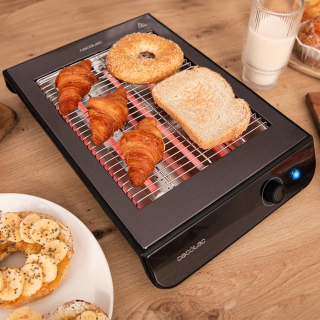 Cecotec Turbo EasyToast InoxDark Tostador Plano Horizontal De Tres Resistencias Con 900 W Para Todo Tipo De Pan O Bollería 6 Niveles De Potencia Y Bandeja Recogemigas De Fácil Extracción. Tostador Plano Horizontal