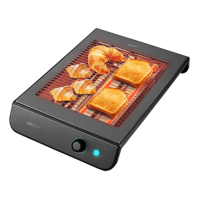 Cecotec Turbo EasyToast InoxDark Tostador plano horizontal de tres resistencias con 900 W para todo tipo de pan o bollería 6 niveles de potencia y bandeja recogemigas de fácil extracción. Tostador plano horizontal