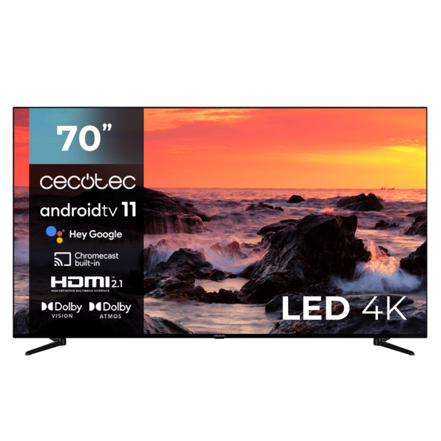 Cecotec TV A2 series ALU20070 M Televisión LED 70” con resolución 4K UHD sistema operativo Android TV 11 Chromecast HDR10+ Google Voice Assistant clase E. Televisión LED 70" Smart TV