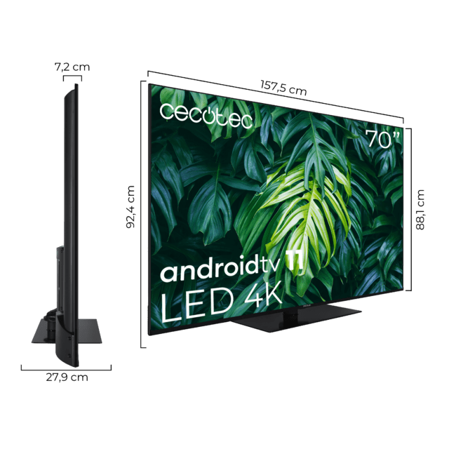 Cecotec TV A2Z Series ALU20070ZS Televisión LED 70” Con Resolución 4K UHD Sistema Operativo Android TV 11 Chromecast HDR10+ Google Voice Assistant Clase F Con Peana Central. Televisión LED 70”