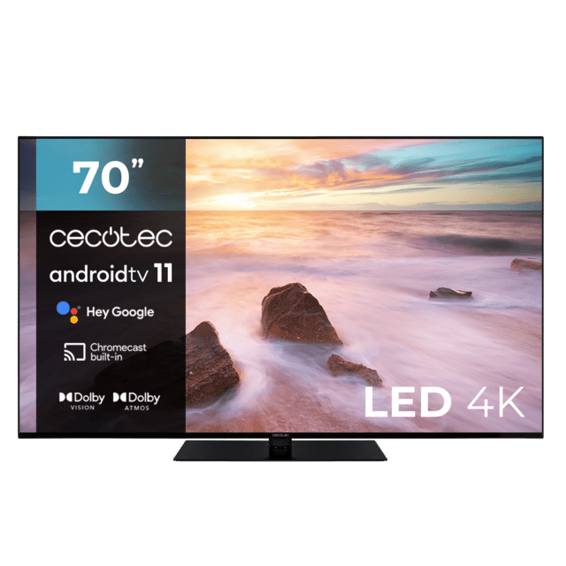 Cecotec TV A2Z series ALU20070ZS Televisión LED 70” con resolución 4K UHD sistema operativo Android TV 11 Chromecast HDR10+ Google Voice Assistant clase F con peana central. Televisión LED 70”