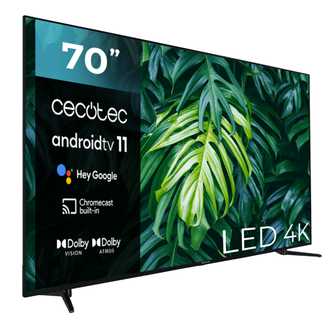 Cecotec TV Cecotec A2 Series ALU20070S Televisión LED 70” Con Resolución 4K UHD Sistema Operativo Android TV 11 Chromecast HDR10+ Google Voice Assistant Clase E. Televisión LED 70”