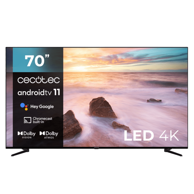 Cecotec TV Cecotec A2 Series ALU20070S Televisión LED 70” con resolución 4K UHD sistema operativo Android TV 11 Chromecast HDR10+ Google Voice Assistant clase E. Televisión LED 70”