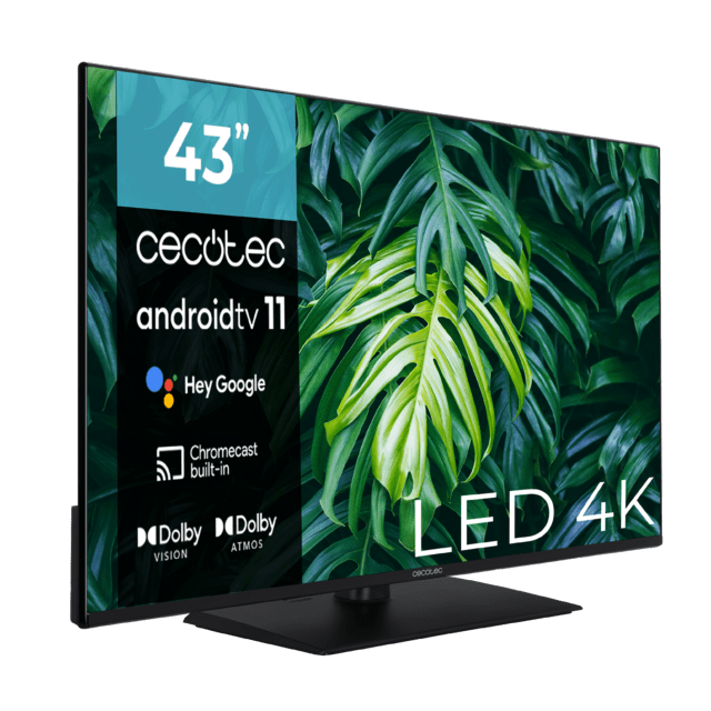 Cecotec TV Cecotec A2Z Series ALU20043Z Televisión LED 43” Con Resolución 4K UHD Sistema Operativo Android TV 11 Chromecast HDR10+ Google Voice Assistant Clase E Con Peana Central. Televisión LED 43" Smart TV