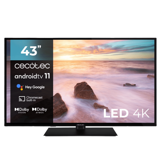 Cecotec TV Cecotec A2Z series ALU20043Z Televisión LED 43” con resolución 4K UHD sistema operativo Android TV 11 Chromecast HDR10+ Google Voice Assistant clase E con peana central. Televisión LED 43" Smart TV