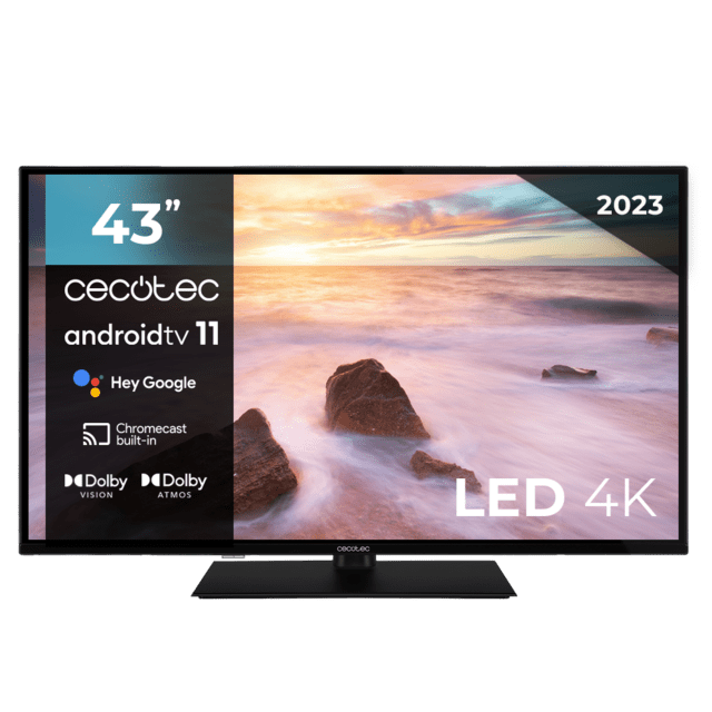 Cecotec TV Cecotec A2Z series ALU20043ZS Televisión LED 43” con resolución 4K UHD sistema operativo Android TV 11 Chromecast HDR10+ Google Voice Assistant y clase E. Televisión LED 43" Smart TV