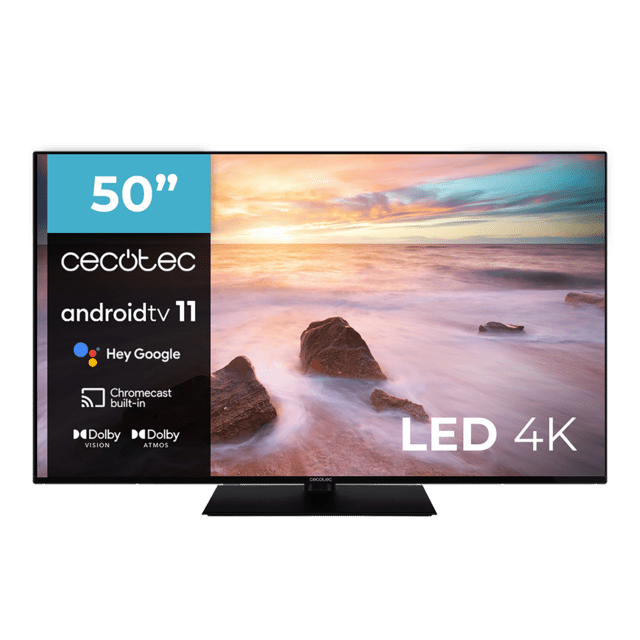 Cecotec TV Cecotec A2Z Series ALU20050ZS Televisión LED 50” con resolución 4K UHD sistema operativo Android TV 11 Chromecast HDR10+ Google Voice Assistant clase E con peana central. Televisión LED 50”