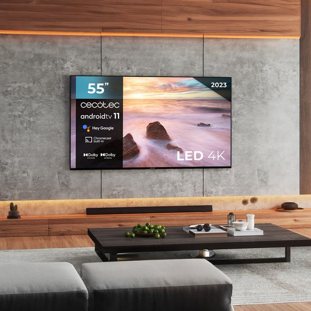 Cecotec TV Cecotec A2Z Series ALU20055Z Televisión LED 55” Con Resolución 4K UHD Sistema Operativo Android TV 11 Chromecast HDR10+ Google Voice Assistant Clase E Con Peana Central. Televisión LED 45" Smart TV