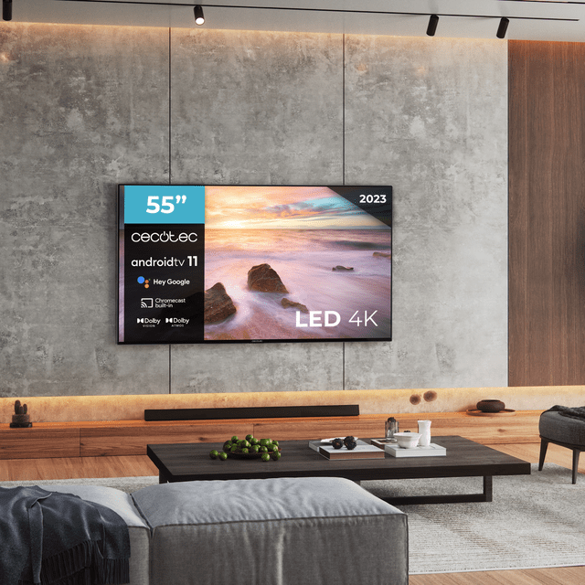 Cecotec TV Cecotec A2Z Series ALU20055ZS Televisión LED 55” Con Resolución 4K UHD Sistema Operativo Android TV 11 Chromecast HDR10+ Google Voice Assistant Clase E Con Peana Central. Televisión LED 55”