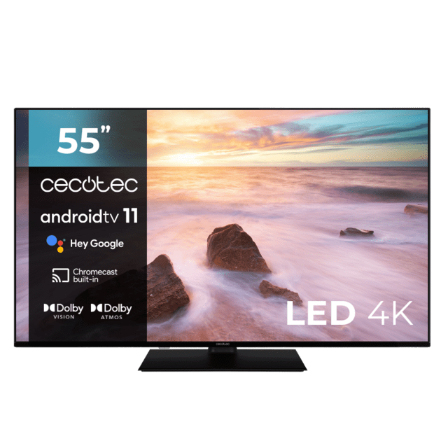 Cecotec TV Cecotec A2Z Series ALU20055ZS Televisión LED 55” con resolución 4K UHD sistema operativo Android TV 11 Chromecast HDR10+ Google Voice Assistant clase E con peana central. Televisión LED 55”