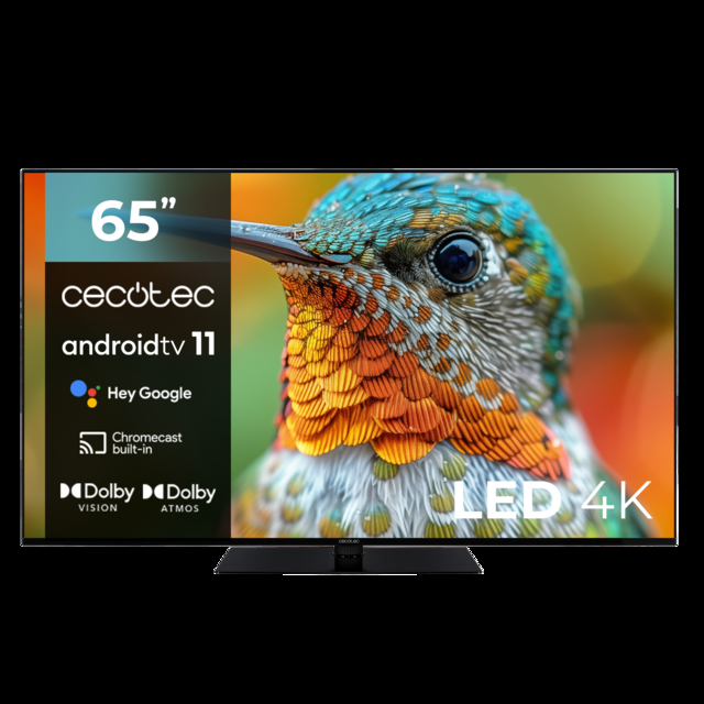 Cecotec TV Cecotec A2Z series ALU20065Z M Televisión LED 65” con resolución 4K UHD sistema operativo Android TV 11 Chromecast HDR10+ Google Voice Assistant clase E con peana central. Televisión LED 65" Smart TV