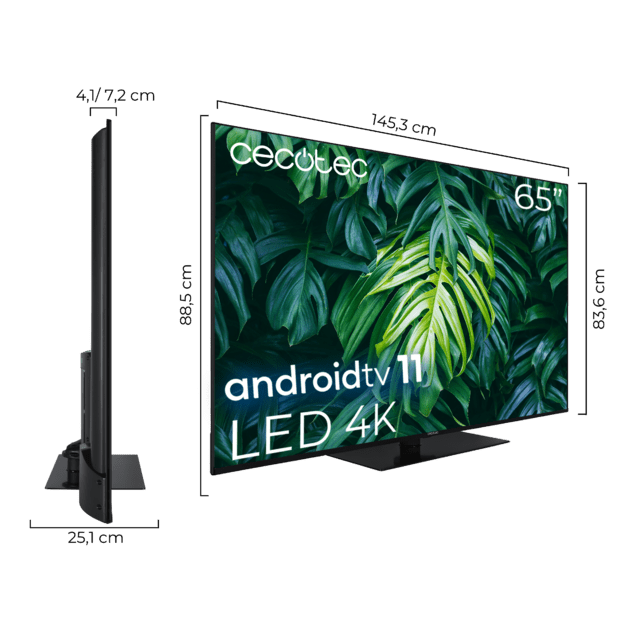 Cecotec TV Cecotec A2Z Series ALU20065ZS Televisión LED 65” Con Resolución 4K UHD Sistema Operativo Android TV 11 Chromecast HDR10+ Google Voice Assistant Clase E Con Peana Central. Televisión LED 65”