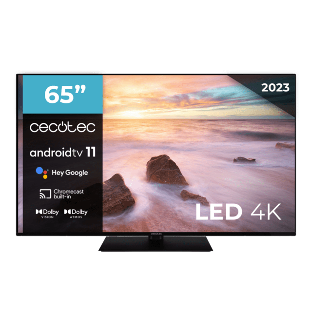 Cecotec TV Cecotec A2Z Series ALU20065ZS Televisión LED 65” con resolución 4K UHD sistema operativo Android TV 11 Chromecast HDR10+ Google Voice Assistant clase E con peana central. Televisión LED 65”