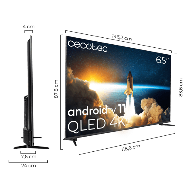 Cecotec TV Cecotec V1+ Series VQU11065+S Televisión QLED 65” Con Resolución 4K UHD Sistema Operativo Android TV 11 Subwoofers Chromecast HDR10+ Google Voice Assistant Clase E. Televisión QLED 65”