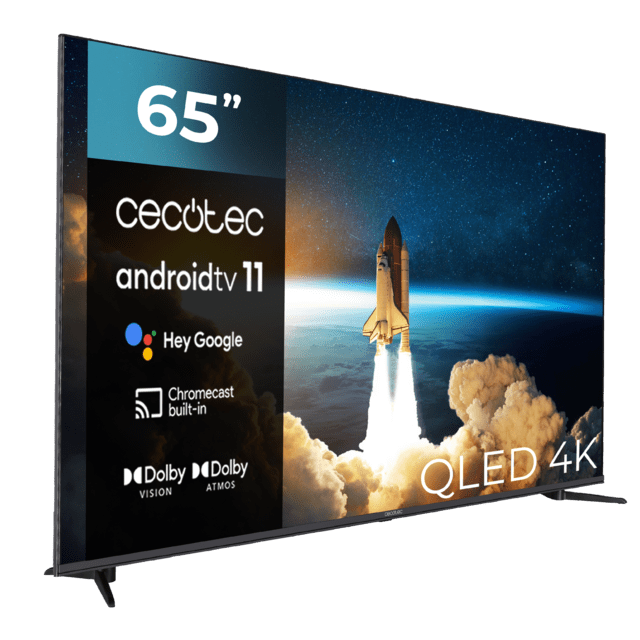 Cecotec TV Cecotec V1+ Series VQU11065+S Televisión QLED 65” Con Resolución 4K UHD Sistema Operativo Android TV 11 Subwoofers Chromecast HDR10+ Google Voice Assistant Clase E. Televisión QLED 65”