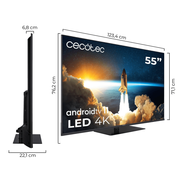 Cecotec TV Cecotec V1Z+ Series VQU11055Z+S Televisión QLED 55” Con Resolución 4K UHD Sistema Operativo Android TV 11 Subwoofers Chromecast HDR10+ Google Voice Assistant Clase E. Televisión QLED 55”