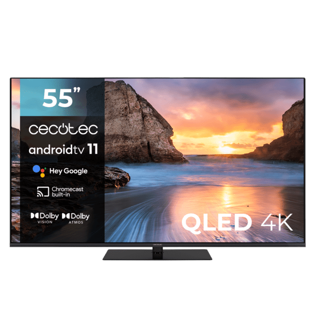Cecotec TV Cecotec V1Z+ Series VQU11055Z+S Televisión QLED 55” con resolución 4K UHD sistema operativo Android TV 11 subwoofers Chromecast HDR10+ Google Voice Assistant clase E. Televisión QLED 55”