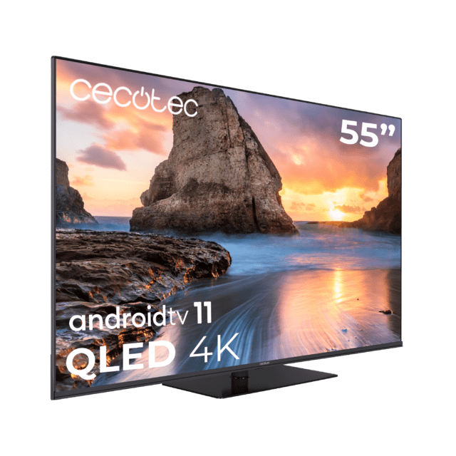Cecotec TV Cecotec V1Z+ Series VQU11055Z+ Televisión QLED 55” Con Resolución 4K UHD Sistema Operativo Android TV 11 Subwoofers Chromecast HDR10+ Google Voice Assistant Clase E. Televisión QLED 55" Smart TV