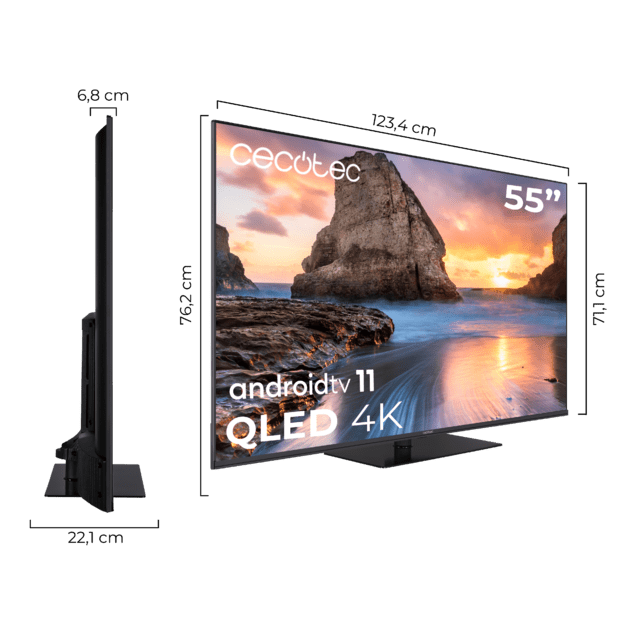 Cecotec TV Cecotec V1Z+ Series VQU11055Z+ Televisión QLED 55” Con Resolución 4K UHD Sistema Operativo Android TV 11 Subwoofers Chromecast HDR10+ Google Voice Assistant Clase E. Televisión QLED 55" Smart TV