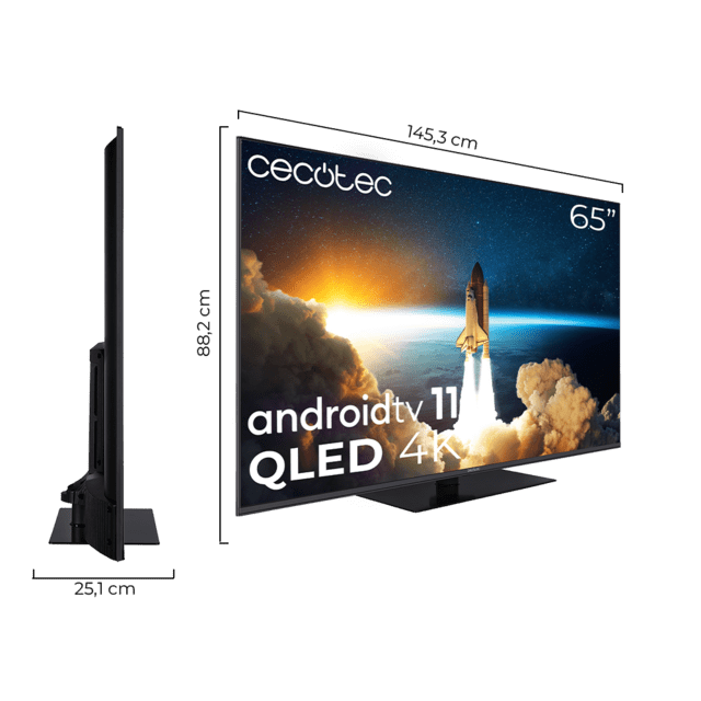 Cecotec TV Cecotec V1Z+ Series VQU11065Z+S Televisión QLED 65” Con Resolución 4K UHD Sistema Operativo Android TV 11 Subwoofers Chromecast HDR10+ Google Voice Assistant Clase E. Televisión QLED 65”