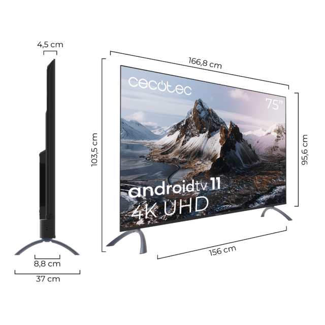 Cecotec TV LED A3 Series ALU30075S Televisión LED De 75" Con Resolución 4K UHD Sistema Operativo Android TV 11 Google Voice Assitant Y Chromecast. Televisión LED De 75" 