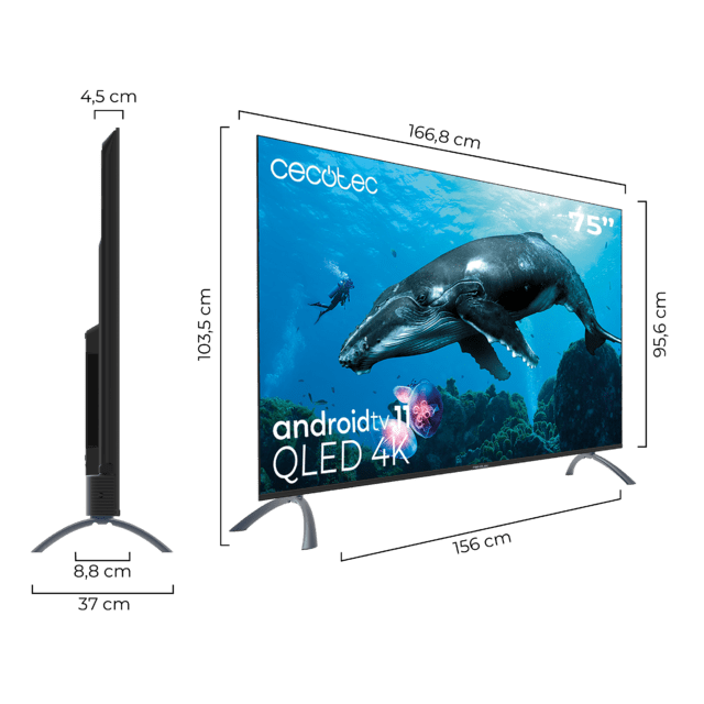 Cecotec TV QLED V2 Series VQU20075 Televisión QLED De Gran Pulgada De 75" Con Resolución 4K UHD Android TV 11 Wide Colour Gammut Dolby Vision & Atmos MEMC HDR10 HDMI 2.1 USB 3.0 CORTEX A55 Google Voice Assitant Chromecast Y Al