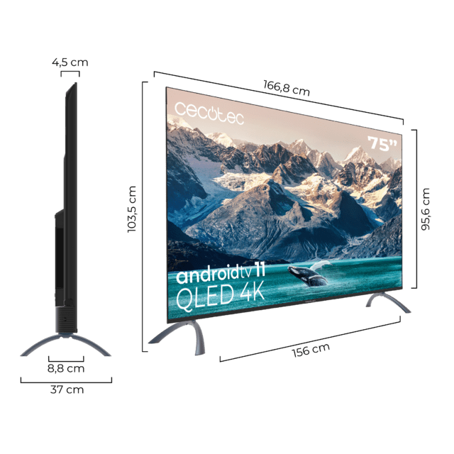 Cecotec TV QLED V2 Series VQU20075S Televisión QLED De 75" Con Resolución 4K UHD Sistema Operativo Android TV 11 Asistente De Voz De Google Y Chromecast Sistema Dolby Vision & Atmos. Televisión QLED 75" Smart TV