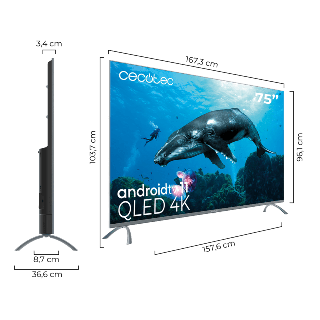 Cecotec TV QLED V3+ Series VQU30075+ M Televisión QLED De Gran Pulgada Con 75" Con Resolución 4K UHD Y Android TV 11 Full Array Local Dimming 120 Hz Dolby Vision & Atmos Wide Colour Gammut HDR10 HDM 2.1 USB 3.0 CORTEX A55 Goog
